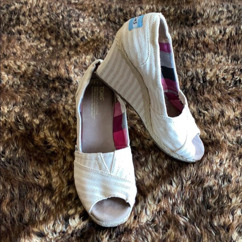 Taupe and cream striped Toms Classic Wedge Pump
